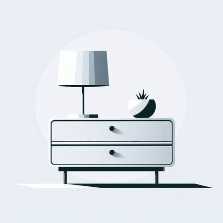 Illustration of a nightstand with a lamp and an apple.のイラスト素材
