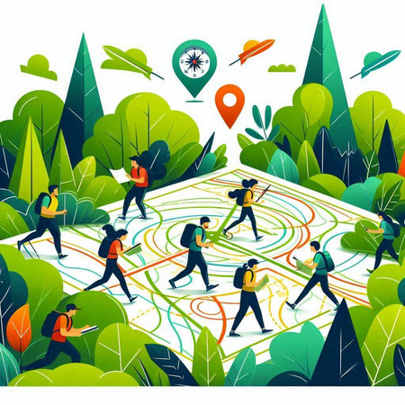 Vector illustration of people walking in the park with map and compass.のイラスト素材