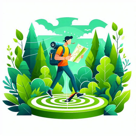 Tourist man with backpack and map on the background of green forest. Vector illustrationのイラスト素材