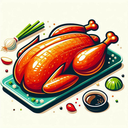 Roast chicken with vegetables and spices. Vector illustration in cartoon style.のイラスト素材