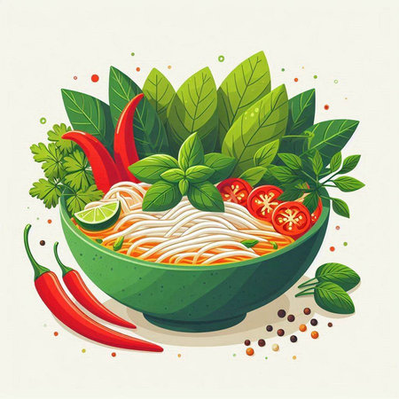 Noodles in bowl with herbs and spices. Vector illustration.のイラスト素材