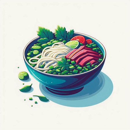 Bowl of noodle soup with beef and vegetables. Vector illustration.のイラスト素材