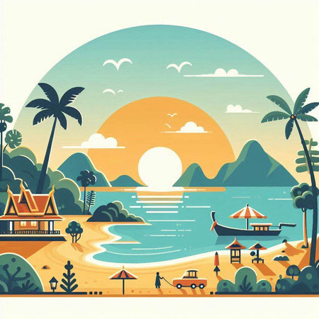 Thai temple on the sea. Vector illustration in flat style.のイラスト素材