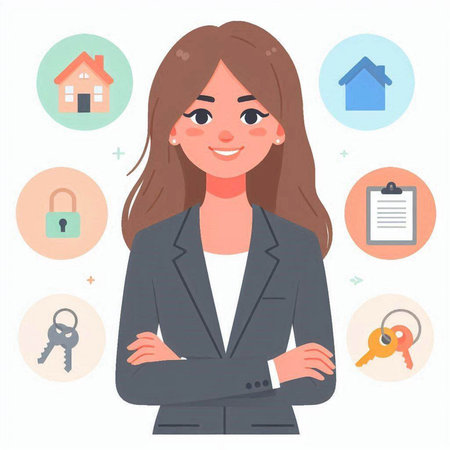 Real estate agent woman. Vector illustration in flat cartoon style with iconsのイラスト素材