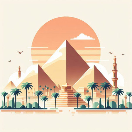 Egyptian pyramids with palm trees and sunset. Vector illustration.のイラスト素材