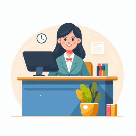 Businesswoman sitting at the desk in office. Vector flat illustration.のイラスト素材