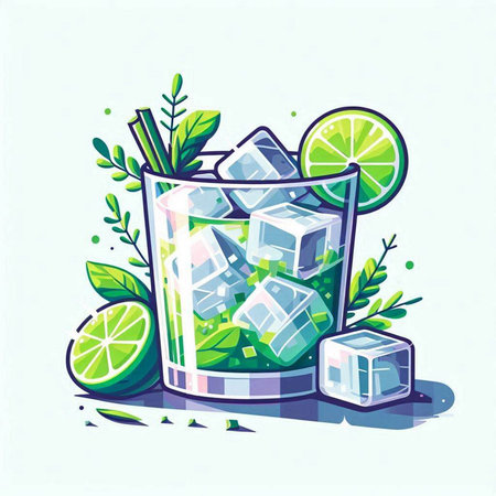 Cocktail with lime, ice cubes and mint leaves, vector illustrationのイラスト素材