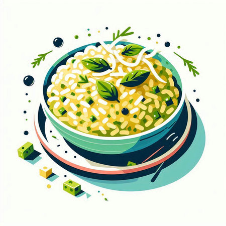 Illustration of a bowl of risotto with basil and olive oilのイラスト素材