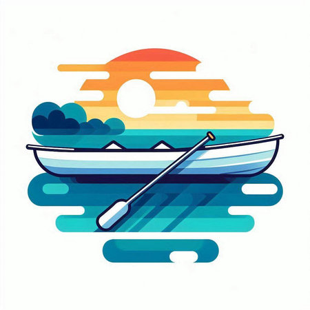 Fishing boat on the lake at sunset. Vector illustration in flat styleのイラスト素材