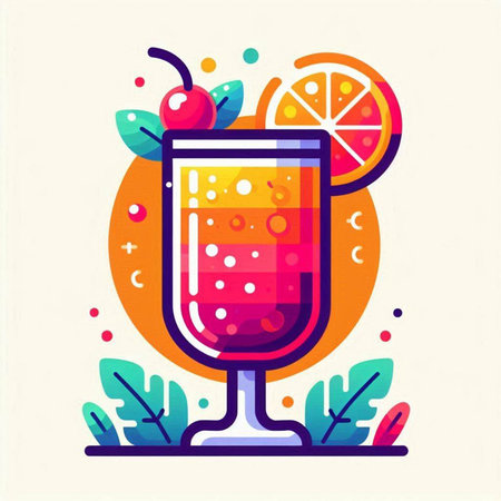 Cocktail with orange juice and cherry. Colorful vector illustration.のイラスト素材
