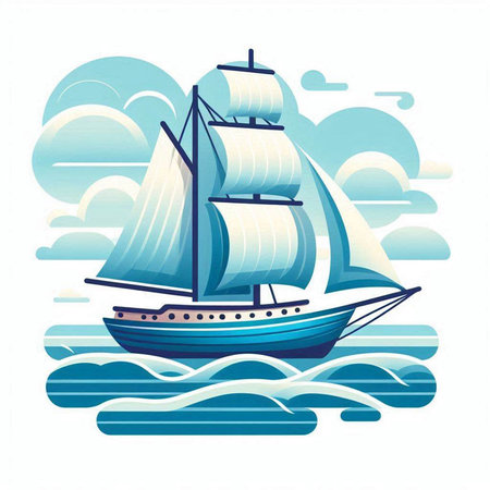 Sailing ship in the sea. Vector illustration in cartoon style.のイラスト素材