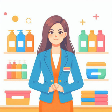 Young woman standing in front of shelves with cosmetics. Vector illustration.のイラスト素材