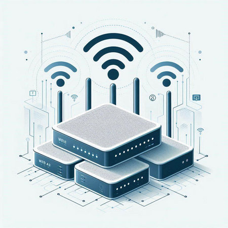 Vector isometric illustration of a router with wireless connection. Technology background.のイラスト素材