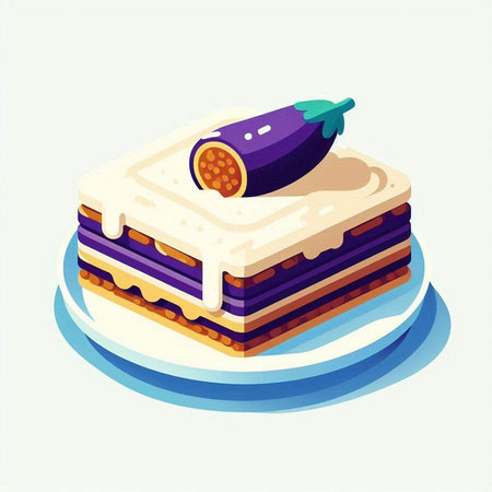 Illustration of eggplant cake on a plate. Vector illustration.のイラスト素材