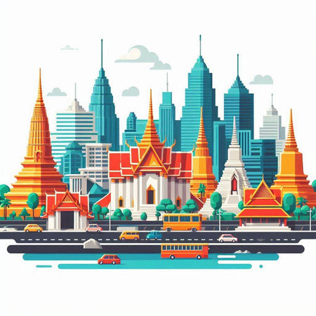 Thailand travel concept. Bangkok cityscape with famous landmarks. Vector illustrationのイラスト素材