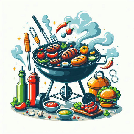 Barbecue grill with grilled sausages and vegetables. Vector illustration.のイラスト素材