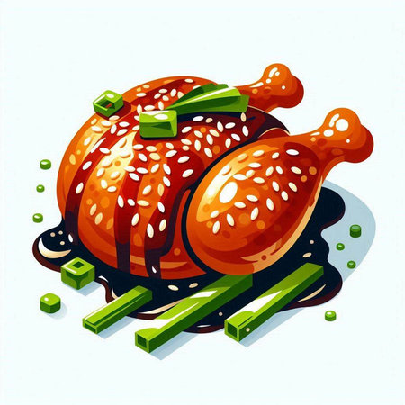 Illustration of a Roast Chicken with Sesame Seeds on a White Backgroundのイラスト素材