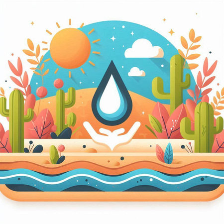 Vector illustration of water drop and cacti. Flat style.のイラスト素材