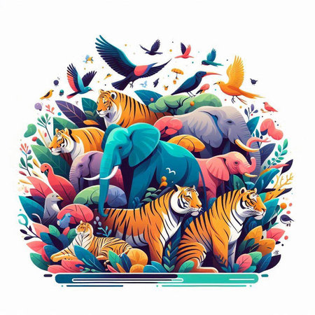 Colorful vector illustration of wild animals and birds in the form of a circleのイラスト素材