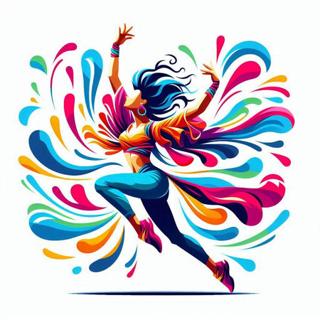 Beautiful girl dancing with colorful splashes on white background, vector illustrationのイラスト素材