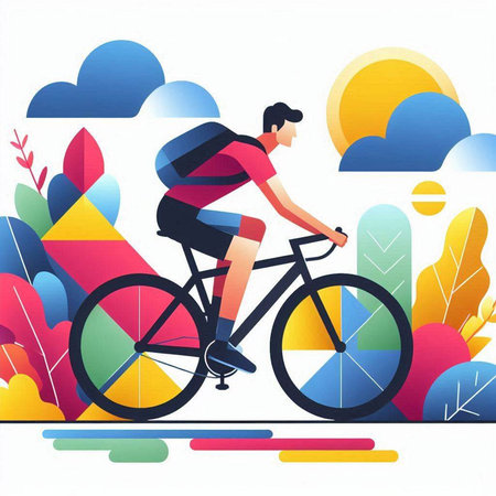 Cyclist riding bicycle in the park. Flat vector illustration.のイラスト素材