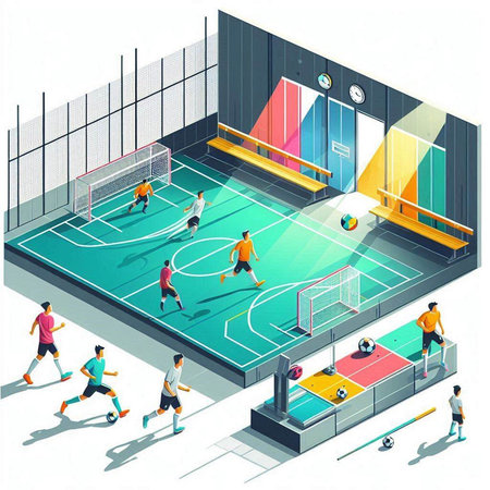 Isometric indoor volleyball court with players and equipment. Vector illustration.のイラスト素材