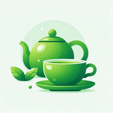 Green tea icon with teapot and green leaves. Vector illustration.のイラスト素材