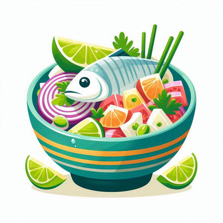 Salad with fish and vegetables in a bowl. Vector illustration.のイラスト素材