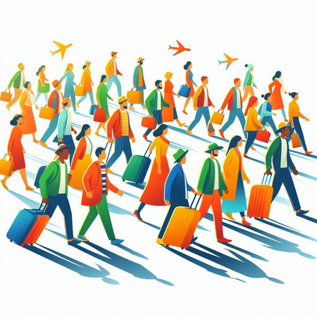 Crowd of people walking on the street with bags. Vector illustration.のイラスト素材