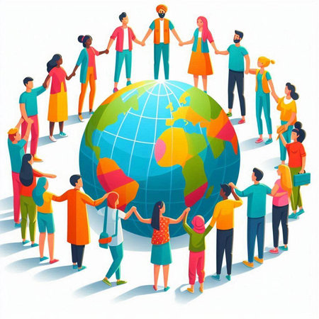 People holding hands around the world. Teamwork concept. Vector illustration.のイラスト素材