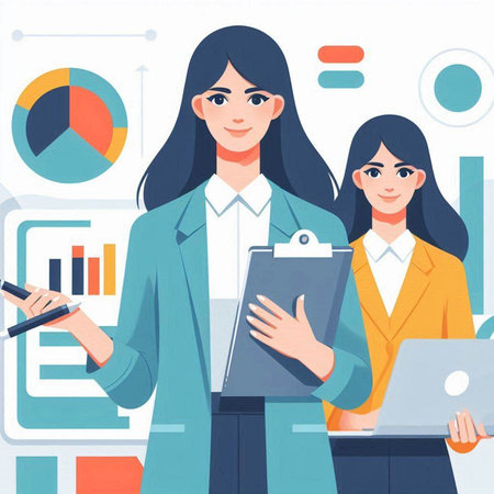 Businesswoman and businesswoman in office. Vector illustration in flat styleのイラスト素材