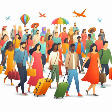 Group of people with luggage on a white background. Vector illustration.のイラスト素材