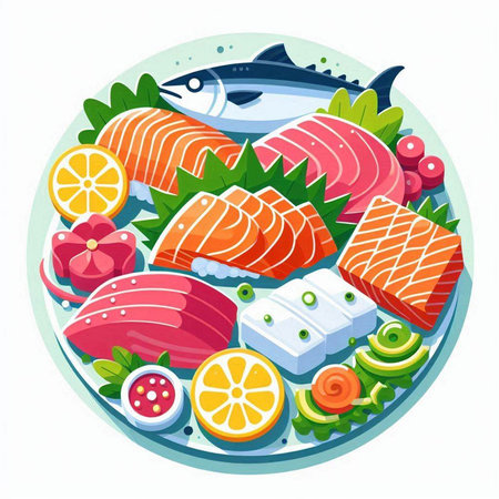 Salmon, tuna, cucumber, tomato, lemon, kiwi. Vector illustrationのイラスト素材