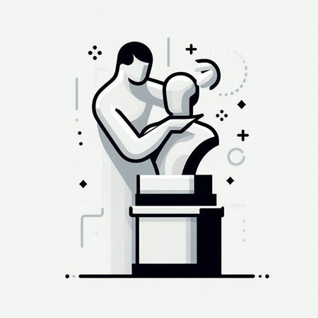 Vector line art illustration of a man reading a book on a pedestal.のイラスト素材