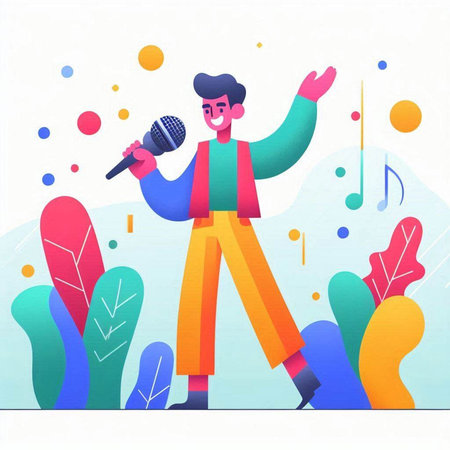 Man singing karaoke, flat vector illustration. Cartoon man singing karaoke on stage.のイラスト素材