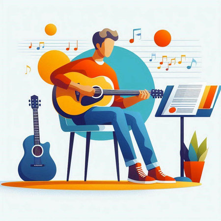 Man playing guitar at home. Vector illustration in flat cartoon style.のイラスト素材