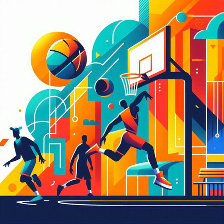 Basketball players in action on abstract background. Vector illustration. Retro style.のイラスト素材
