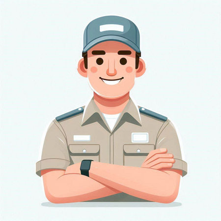 Vector illustration of a smiling policeman in uniform with crossed arms. Cartoon style.のイラスト素材