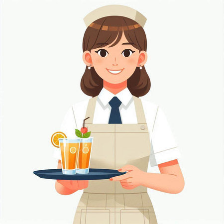 Nurse holding tray with cocktail and orange juice, vector illustration.のイラスト素材