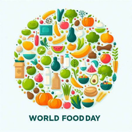 World food day poster with flat icons in circle shape. Vector illustrationのイラスト素材