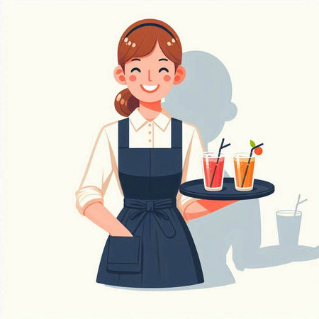 Young waitress with a tray of cocktails. Vector illustration in cartoon style.のイラスト素材