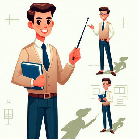 Teacher with pointer, teacher and students. Vector illustration in cartoon styleのイラスト素材