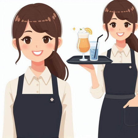 Waitress serving cocktail on tray. Vector illustration in cartoon style.のイラスト素材