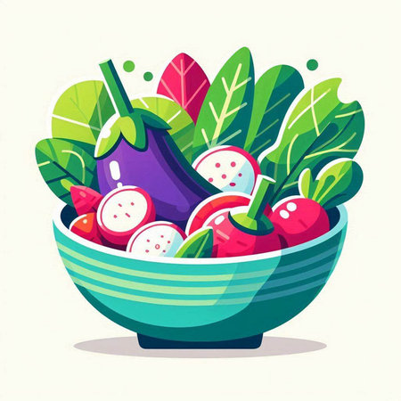 Vegetable salad in bowl. Vector illustration in flat style.のイラスト素材