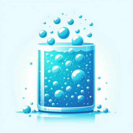 Glass of water with bubbles on light blue background. Vector illustration.のイラスト素材