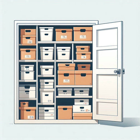 Boxes in a storage room with open door. Vector illustration.のイラスト素材