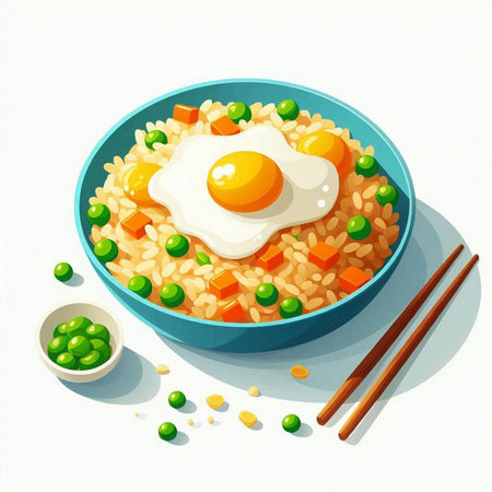 Illustration of a bowl of rice with fried egg and green peasのイラスト素材