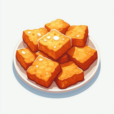 Illustration of a plate of fried tofu on a white background.のイラスト素材