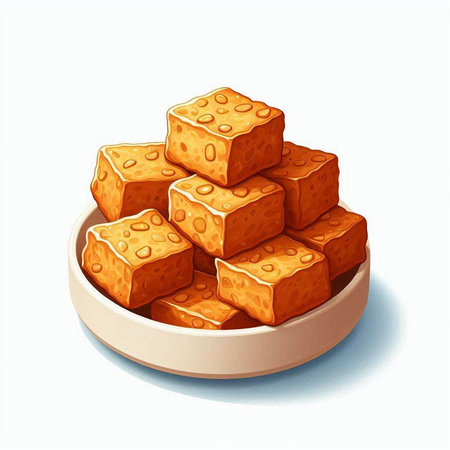 Illustration of a bowl full of sweet cubes on a white backgroundのイラスト素材