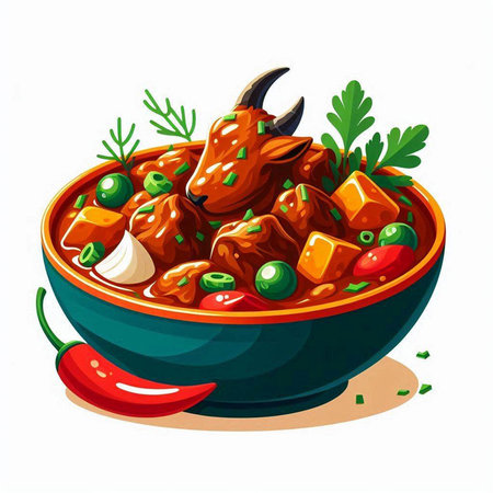 Indian cuisine. Vector illustration of a bowl of spicy chicken stew with vegetables.のイラスト素材